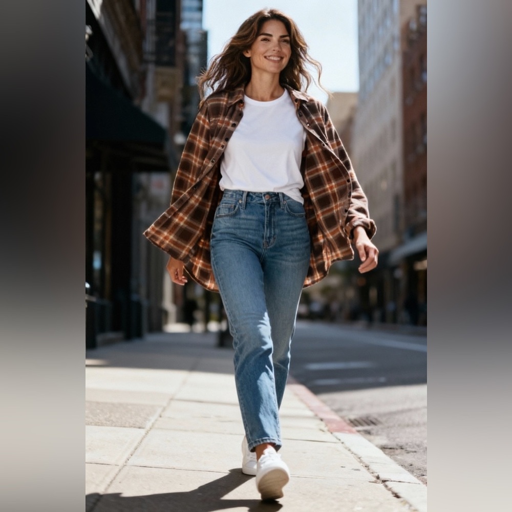 Hippie Rose Festival Flannel Relax Western Warm Plaid Rust Tan Top Women S‎ New - Picture 2 of 11